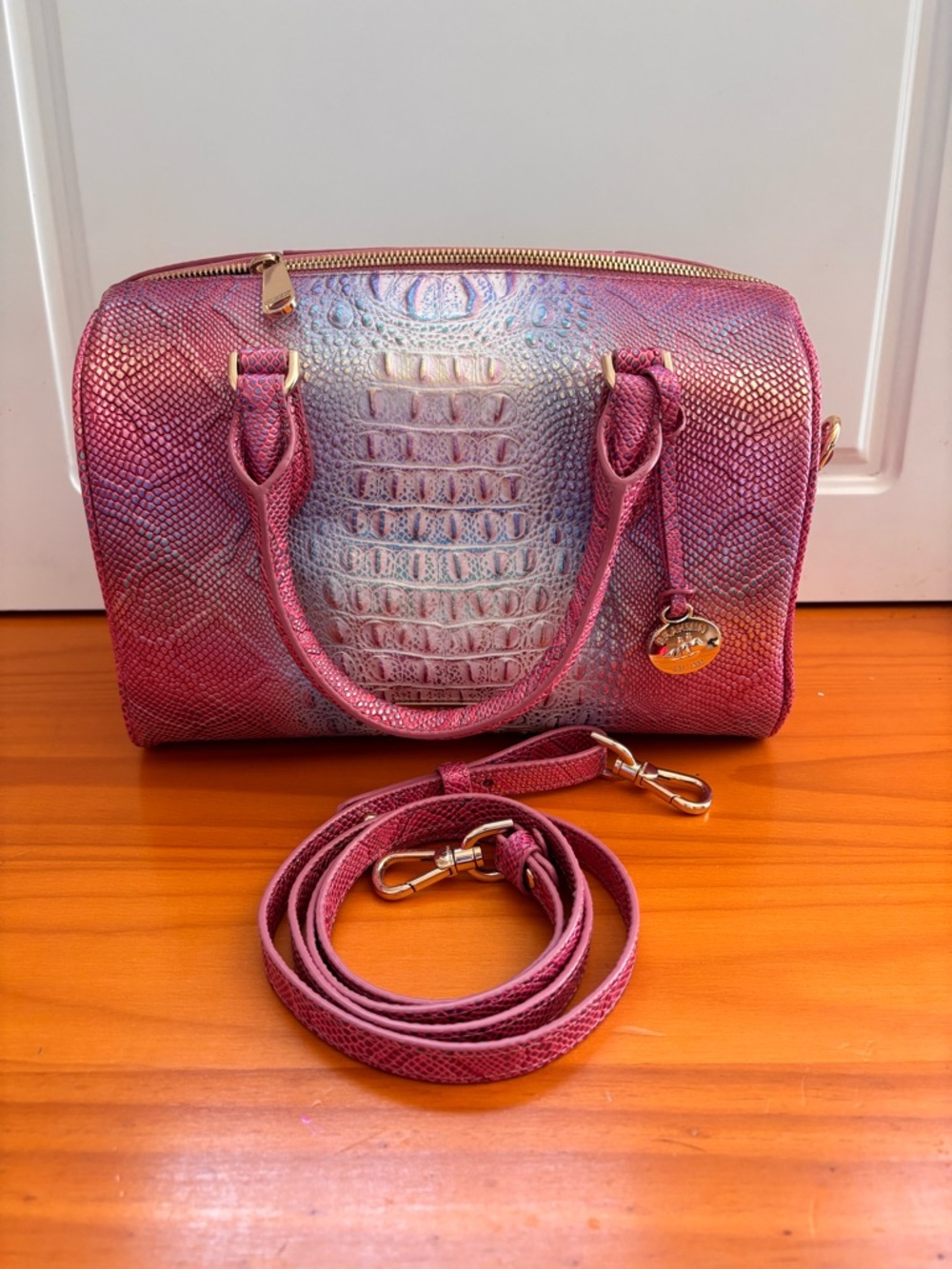 Brahmin Iridescent Pink Croc-Embossed Satchel - Picture 2 of 11